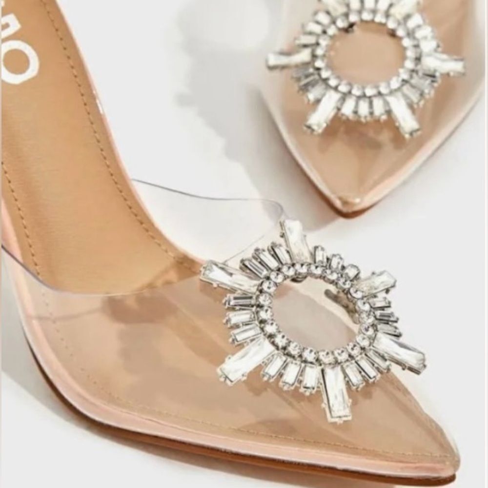 ✨ Stunning Diamond Perspex Heel Mule Nude Patent Clear Lucite Pumps✨